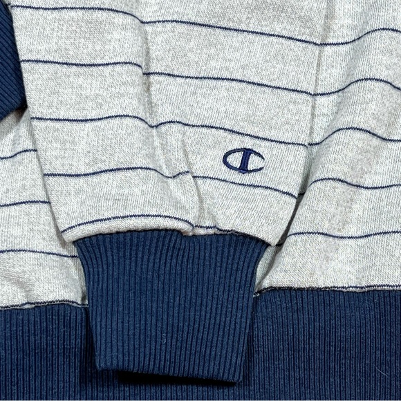 Vintage Champion Sweatshirt Gray Blue Stripe V Neck Adult Medium - Picture 4 of 8